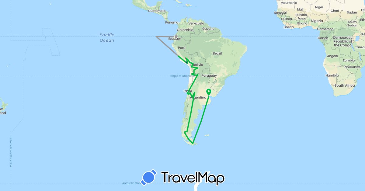 TravelMap itinerary: driving, bus, plane, hiking in Argentina, Bolivia, Chile, Ecuador, Peru (South America)
